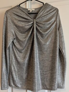 Metallic Twist-Front Long Sleeve Top - Silver